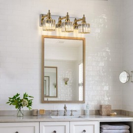 HUOKU Crystal Bathroom Vanity Light Gold Chrome 3-Light Modern Bathroom Lighting Fixtures Over Mirror Square Wall Sconce