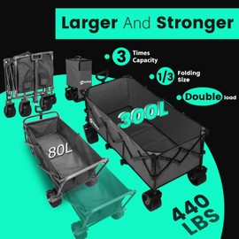 Sekey 48''L Collapsible Foldable Extended Wagon with 440lbs Weight Capacity, Heavy Duty 300L Folding Utility Garden Cart with Big All-Terrain Beach Wheels & Drink Holders. Grey