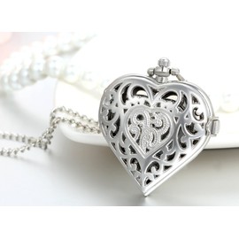 JewelryWe Silver Tone Heart Shape Pocket Watch Quartz Hollow Pendant Necklace 34 Inches Chain