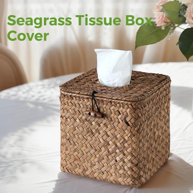 S310 Tissue Box Cover Square, Woven Tissue Box Holder with