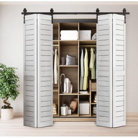 Guangshuohui 72" Bi-Folding Sliding Barn Door Hardware Track Kit for 4 Closet Door,Top Mount Roller,Heavy Duty,Slide Smoothly Quietly,Easy Install,Black,No Door