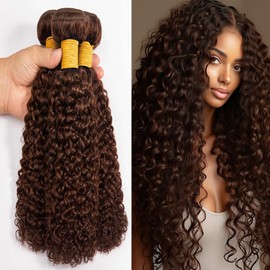 Chocolate Brown Deep Curly Weave Bundles Human Hair Color 4 Brown Kinky Curly Bundles Brazilian Human Hair Double Weft Remy Hair Extensions Wet and Wavy Bundles for Black Women 24 26 28 inch