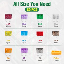 Pack of 80 Standard Car Fuses, Bolatus Car Fuses Set, Mixed 2A, 3A, 5A, 7.5A, 10A, 15A, 20A, 25A, 30A, 35A, 40A Blade Fuses with Fuse Puller for Car, Truck, Motorhome, Green