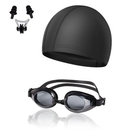 Phyxiul Swimming Goggles, Set of 3, Swim Cap, Ear Plugs Included, Swimming Goggles, Anti-Fog, Fitness, Swimming, Competitive Swimming, Swim Goggles, Adjustable Belt, Unisex