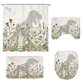 LGhtyro 4PCS Wildflower Dinosaur Kids 71Wx71H Inches Floral Rustic Botanical Shower Curtain Sets with Rugs, Toilet Lid Cover and Bath Mat, Cute Bath Accessories Art Home Decor Fabric 12 Pack Hooks