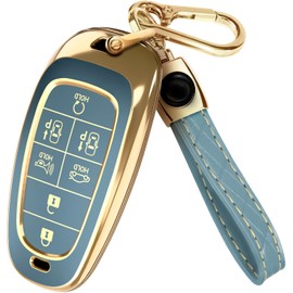 Lucrum Compatible with Hyundai Key Fob Cover & Leather Keychain, Keyfob Case for Santa Fe, Sonata, Tucson, Grandeur, Ioniq 5, Palisade, Nexo - For 7 Button Remote (2019-2025) - Blue and Gold