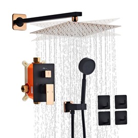 Black Gold Rainfall Shower Head, Wall Mounted 10 Inch Shower Heads with Handheld Spray Combo, Luxury Bathroom Square Rain Shower System, Solid Brass Pressure Balancd Shower Faucet Valve