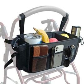 Upgrade Walker Basket with Cup Holder,Large Rollator Walker Accessories Bag with Multiple Pockets, Rollator Accessories for Seniors Rollator Basket for Rolling Folding Walker Never Tipping Over