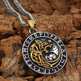 Viking Odin Wolf Fenrir Pendant Necklace - Viking Jewellery for Men, Nordic Mythology Amulet Men's Gold & Silver Stainless Steel Vegvisir Rune Celtic Jewellery Gift, Stainless Steel