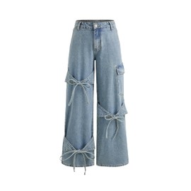 CIDER Baggy Jeans for Women High Waisted Wide Straight Leg Bow Jeans Denim Pants: Blue, L