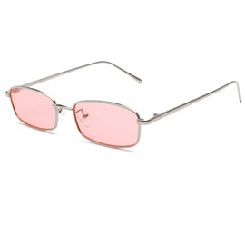 Ggpyyon Vintage Rectangular Sunglasses for Men and Women, Retro Slim Glasses, UV Protection Sunglasses, silver/pink