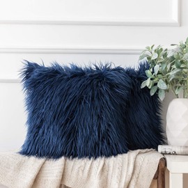 Ashler Pack of 2 Decorative Luxury Style Navy Blue Faux Fur Throw Pillow Case Cushion Cover 18 x 18 Inches 45 x 45 cm