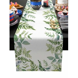 Linen Table Runner,Farmhouse Green Eucalyptus Leaf Dresser Scarf Kitchen Dinning Tabletop Covers Decor for Indoor Outdoor Party Holiday Wedding Summer Watercolor Rustic Plant,13x70in