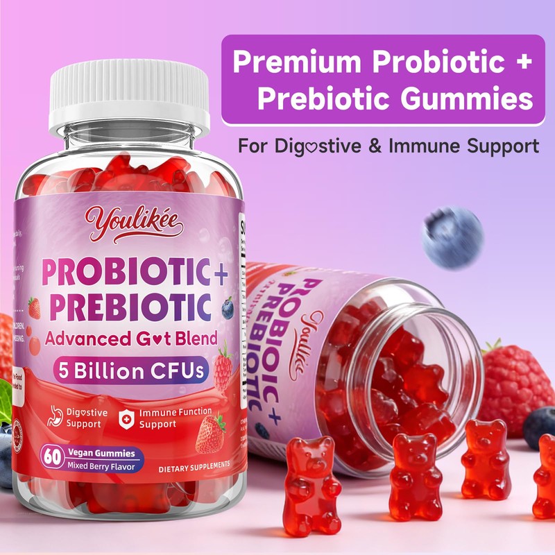 Youlikee 2 Pack Prebiotic + Probiotic Gummies, 5 Billion CFUs