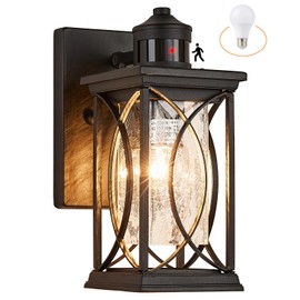 Delicavy Motion Sensor Outdoor Wall Light with Dimmable Bulb, Modern Dusk to Dawn Exterior Light Fixture Wall Mount Porch Light Black with Crack-Like Glass Coach Lantern for House Garage