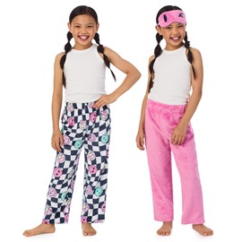 Saint Eve Kids Girls Fuzzy Pajama Pants, 2 Piece PJ Pant Set and Sleep Mask - Pink Smiley, X-Large