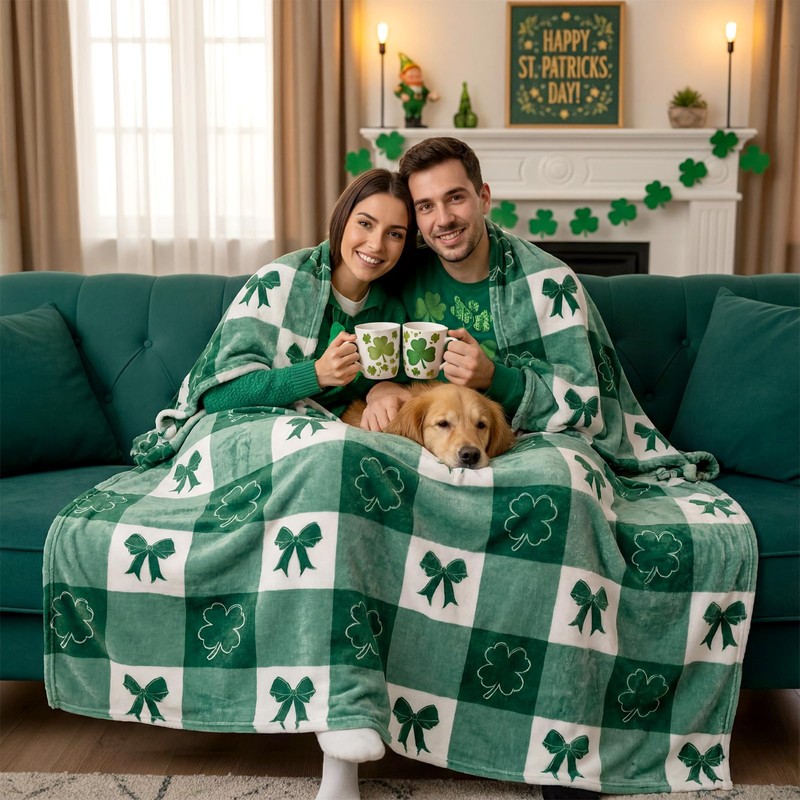 Tingjoo St. Patrick's Day Blanket Clover Bow Fuzzy Blanket Spring