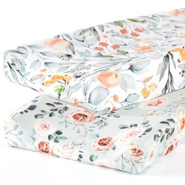 GRSSDER Juego de 2 fundas elásticas para cambiador de punto de jersey, ultra suaves, 2 unidades, fundas para cambiador de mesa para almohadillas para orejas de 32/34 x 16 pulgadas, seguras y cómodas, elegantes flores de acuarela y frutas para niñas