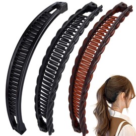 Mxxipp 3pcs French Banana Clips, Non-Slip Classic Large Hairstyle Claws, Fish Shaped Double Combs Hair Holder for Women Curly Straight Long Thick Thin Hair- Black & Coffee