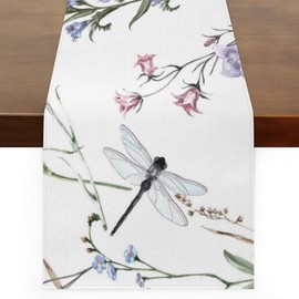 Watercolor Flowers Dragonfly Table Runner Washable Table Runners 36 Inches Long Kitchen Dining Table Decoration for Coffee Table Dining Wedding Party Holiday Decor 13 x 36 Inches