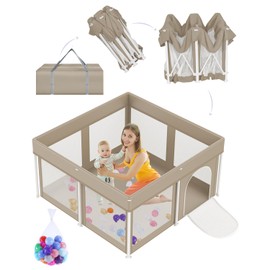 Foldable Baby Playpen 50"×50", Playard for Babies and Toddlers, Portable Safety Baby Fence Lightweight,No Installation, Indoor & Outdoor Baby Playpen with Ocean Balls*50, Khaki and Beige