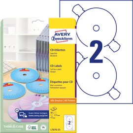 Avery Zweckform L7676 25 A4 Pack of 50 CD Labels Diameter 117 mm 25 Sheets White
