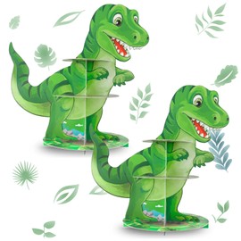 3 Tiers Dinosaur Cupcake Stand, 2 Sets Dinosaur Theme Birthday Party Decorations Cupcake Holder Macaron Tower Stand Cardboard Display Rack Desserts Tower Platter for Kids Boys Girls (Green, 2 Pack)