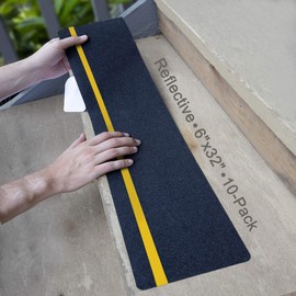 LifeGrip Anti Slip Traction Treads with Reflective Stripe (10-Pack), 6" X 32", Best Grip Tape Grit Non Slip, Outdoor Non Skid Tape, High Traction Friction Abrasive Adhesive for Stairs Step, Black