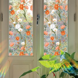 Partslety 39x17in Flowers Window Film, Privacy Static Cling Glass Decal, Non-Adhesive Colorful Sticker, Removable Door Film Window Covering for Bedroom Bathroom 43X100cm
