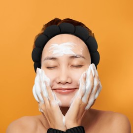 1 Set Makeup Headband Puffy Spa Headband Sponge Terry Towel Cloth Fabric Headbands Spa Wristband for Women Cute Hair Accessories for Skincare Shower Face Washing Makeup Removal Facial Mask (Black)