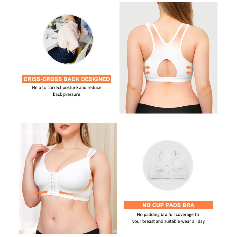 Wonderience Post-Surgical Bra Wide Adjustable Straps with Front Closure Wirefree