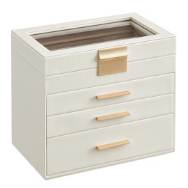 SONGMICS Jewelry Box Organizer with Glass Lid, 4-Layer Jewelry Storage, with 3 Drawers, Modern Style, 6 x 9.9 x 8.5 Inches, Cloud White and Gold Color UJBC161W01