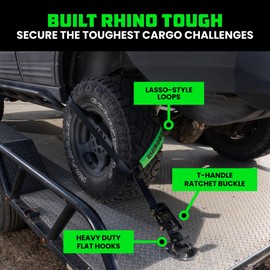 Rhino USA Car Tie Down Straps with Flat Hooks – 4 Pack 2" x8' – 10,000lbs Break Strength – Heavy Duty T-Handle Car Hauler Tire Lasso Wheel Straps for Trailers, UTV & Powersports – Black