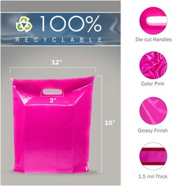 Pink Merchandise Plastic Shopping Bags - 100 Pack 12" x 15" with 1.5 mil Thick - Die Cut Handles - Perfect for Retail, Party Favors, Birthdays, Children Parties - Color Pink - 100% Recyclable