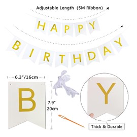Imtively Happy Birthday Banner,Happy Birthday Decorations Birthday Flag Bunting for Birthday Party Backdrop Decor,Happy Birthday sign Party Supplies for Girls Boys Kids and Women Party Hanging Decor (White Golden)