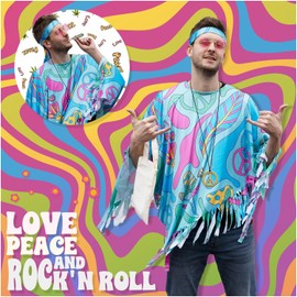 Festicy Hippie Costume Women's Edition 2025 with Poncho Carnival One Size Set I Hippie Accessories Headband with Sunflowers, Hippie Clothing Women, Hippie Bag and More, Fancy Dress Costume Hippie