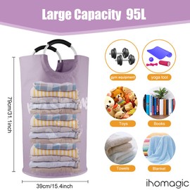 IHOMAGIC Satz von 2 Wäschesammler 95L, Faltbar Wäschetonne Stoff Wäschesack mit Griffe, Dekorativer Wäschekorb, Pfandflaschen Aufbewahrung, Aufbewahrungstasche für Yoga-Werkzeuge (Violett/Khaki)