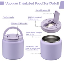 26oz Soup Thermo for Hot Food Kids Insulated Vacuum Food Jar with Buckle Lid,Wide Mouth Leakproof Stainless Steel Lunch Container with Spoon-Purple