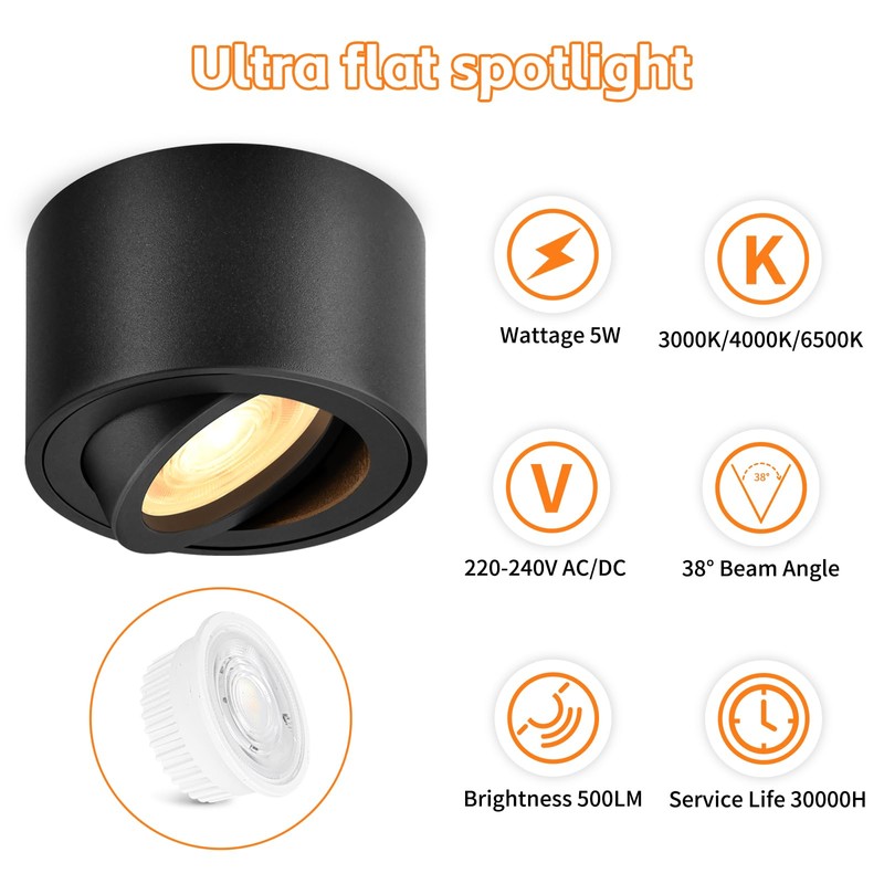 YindaLux 3CCT LED Surface-Mounted Spotlight, Extra Flat, Black, Diameter 80