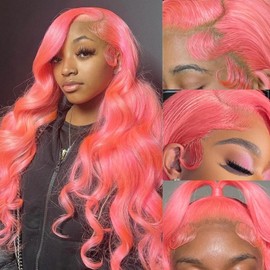 Dorashion Pink Lace Front Wigs Human Hair 13x4 HD Transparent Body Wave Lace Front Wigs Human Hair 32 Inch Pre Plucked Colored Pink Glueless Lace Frontal Hair Wig for Women
