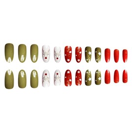 24PCS Christmas Long False Nails with Glue Stickers,Almond Full Cover Acrylic Nails Press on Nails no Glue,Red Green Elk Fake Nails Stick on Nails for Women and Girls Nail Art.