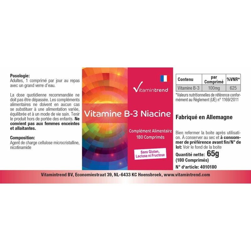 Vitamin B3 Niacin 100 mg - 180 Tablets - For