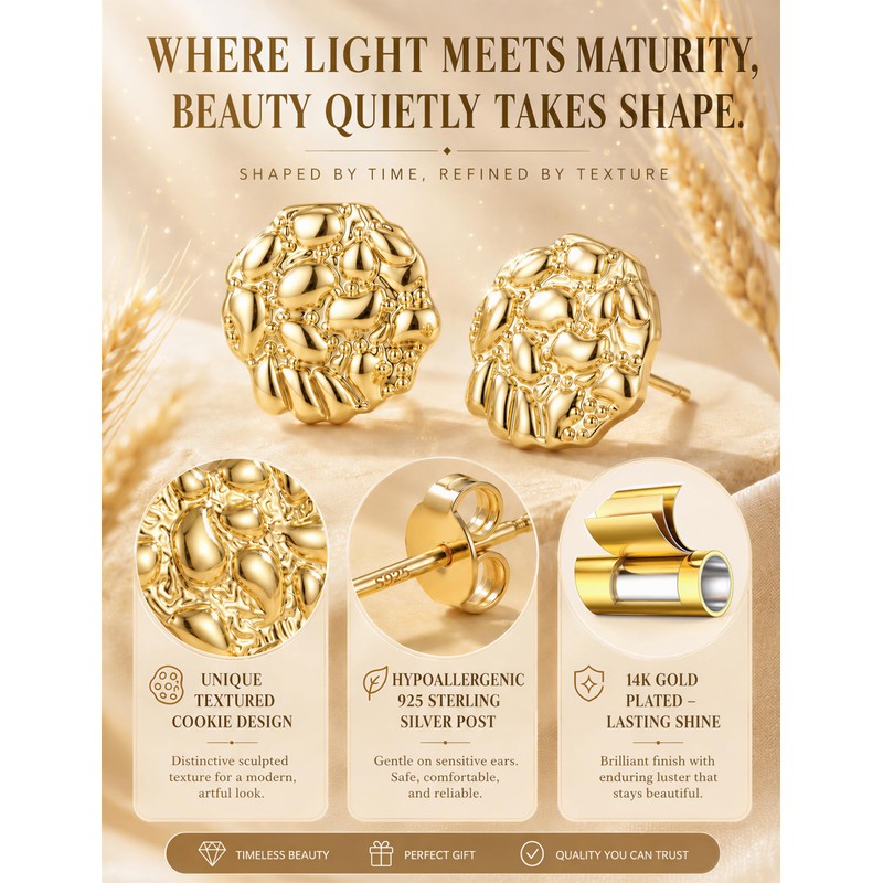 MUSECLOUD 14K Gold Plated Nugget Earrings for Men, M, Round,