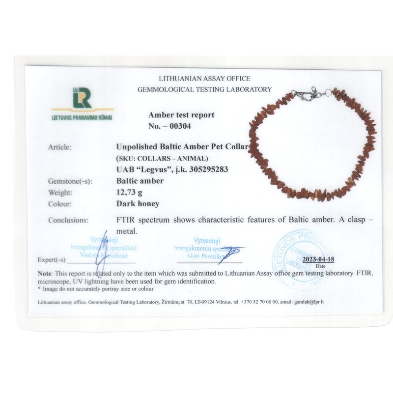 Unpolished Baltic Amber Collar, Suitable for Dogs and Cats, Adjustable
