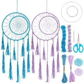 INFUNLY 2 Sets Double Ring Dream Catcher Kit Blue Dream Catcher Kit for Adults Beginners Make Your Own Purple Dreamcatcher Kit DIY Dream Catchers Kit with Instruction for Home Wall Hanging Ornament