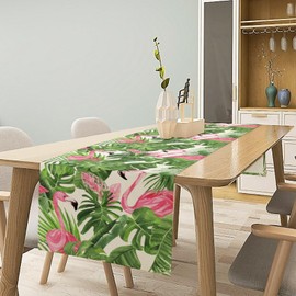 Tropical Table Runner Green Botanical and Flamingo Pattern Table Runner Table Cloth Decoration Dresser Garden Farmhouse Wedding Party Vacation Dinner Home 13x36 inches