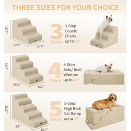 Made4Pets Dog Stairs Ramp for Small Dogs, 3-Step Dog Steps for Bed Couch Sofa and Chair, 35D Foam Pet Steps for Small Dogs and Cats, Non-Slip Bottom Pet Stairs, Beige