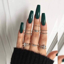 Allereya Super Long Coffin False Nails Ballerina Green Press On Nails Prom Party Clip On Nails Super Long Full Cover Acrylic Nails Art for Women and Girls Pack of 24 (Green)