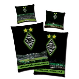 Borussia Mönchengladbach Reversible Bed Linen – Borussia Park Glow in the Dark 135 x 200 cm + 80 x 80 cm 100% Cotton Linon Football Fan VFL 1900 Lower Rhine German Size with YKK Zip