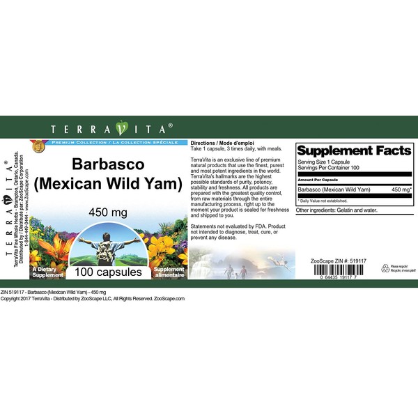 TerraVita Barbasco (Mexican Wild Yam) - 450 mg (100 Capsules, ZIN: 519117) - 3 Pack